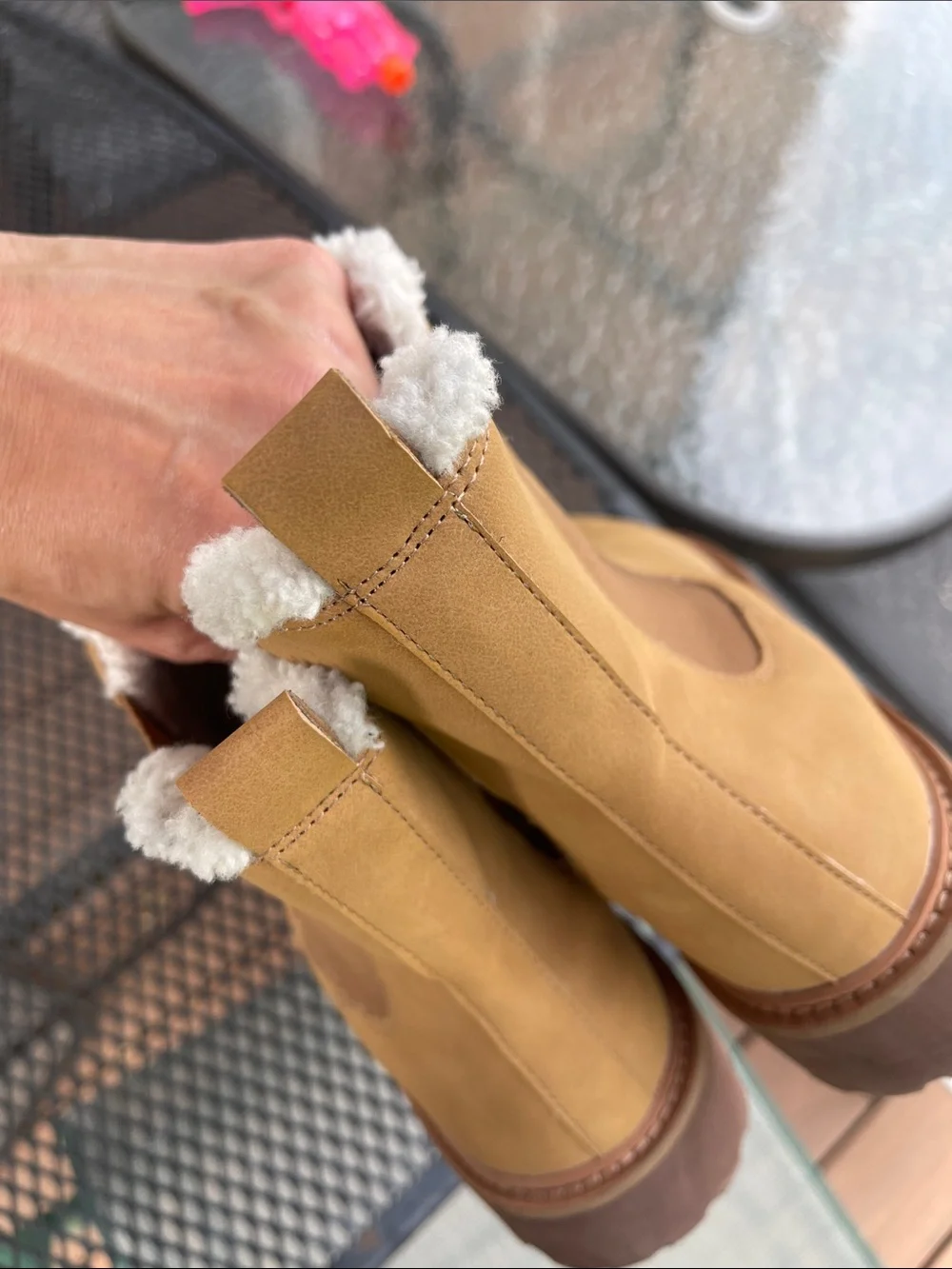 J. Crew Tan Chelsea Ankle Boots with Shearling Collar, faux leather